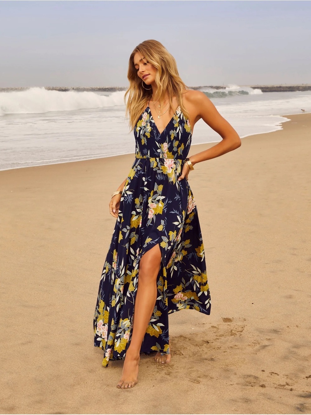 Beautiful Flower Smocked Halter Navy Floral V‑Neck Maxi Dress with Side Slit